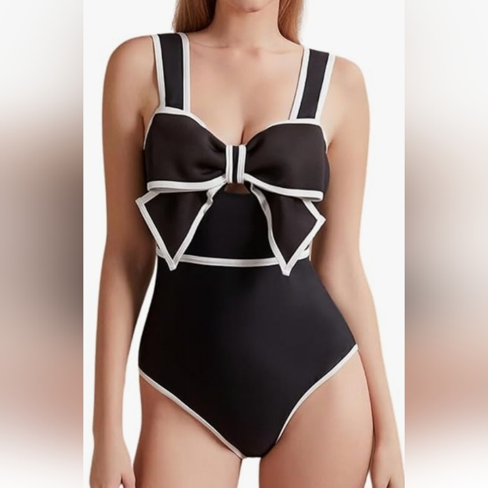 Black and White Swimsuit Bow-tie One Piece Bathing Suit